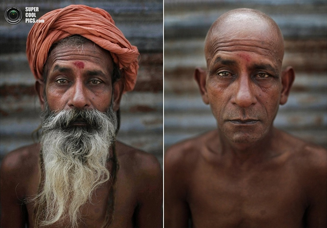 Портреты нага садху до и после ритуала инициации