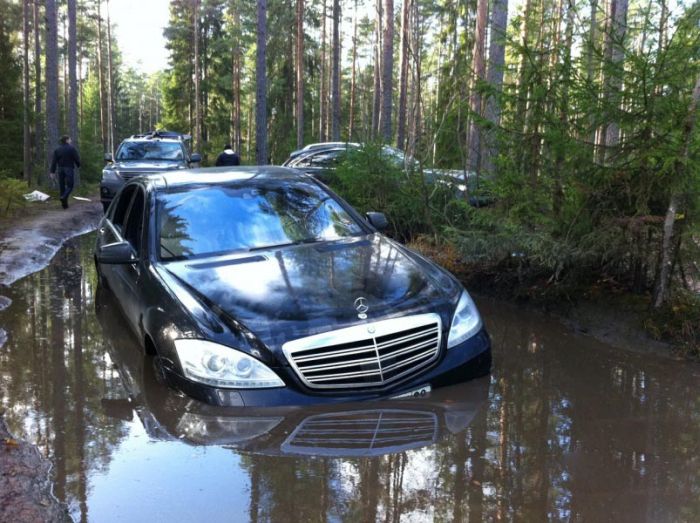 Mercedes-Benz S600 застрял на лесной дороге (4 фото)