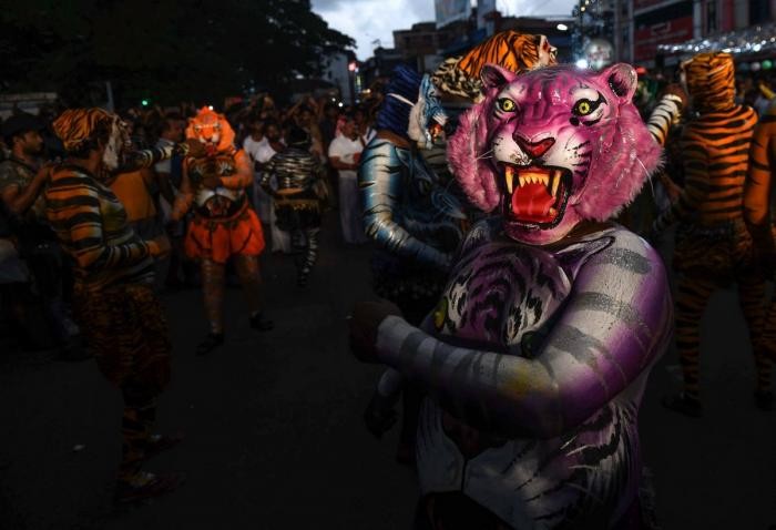 Тигриный парад Пули Кали на фестивале Онам в Индии (27 фото)