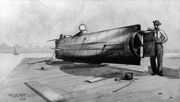История первой в мире боевой подводной лодки (8 фото)