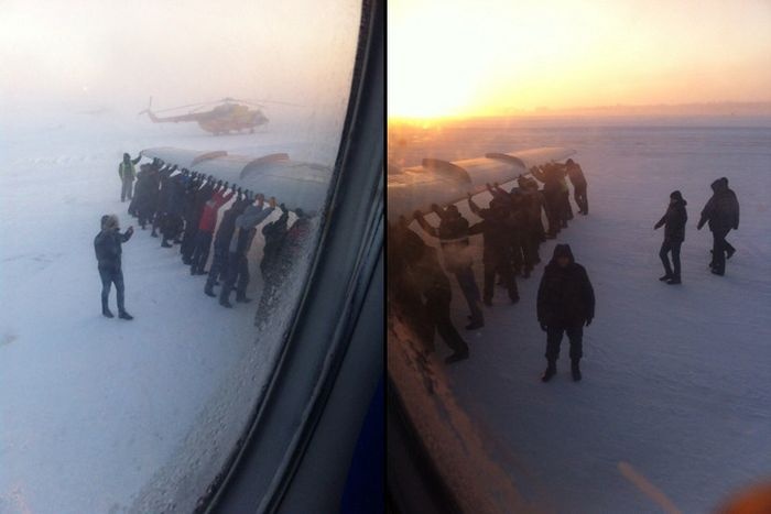 В аэродроме Играска пассажиры толкали самолет с замерзшим шасси (4 фото + 1 видео)